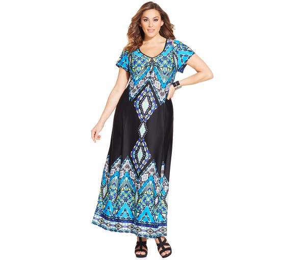 NY Collection Plus Size Short-Sleeve Printed Maxi Dress