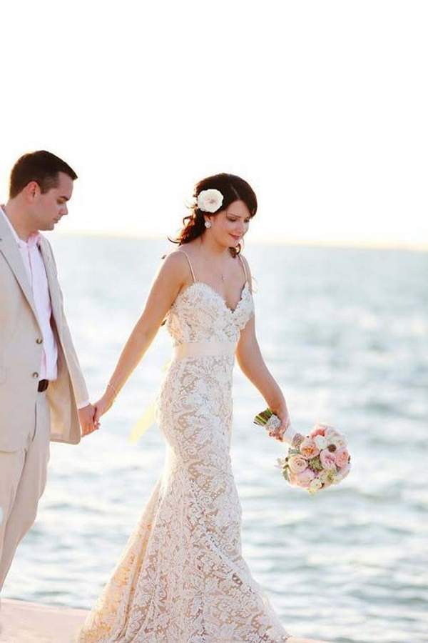 Simple Spaghetti White Lace Side Slit Beach Wedding Dress
